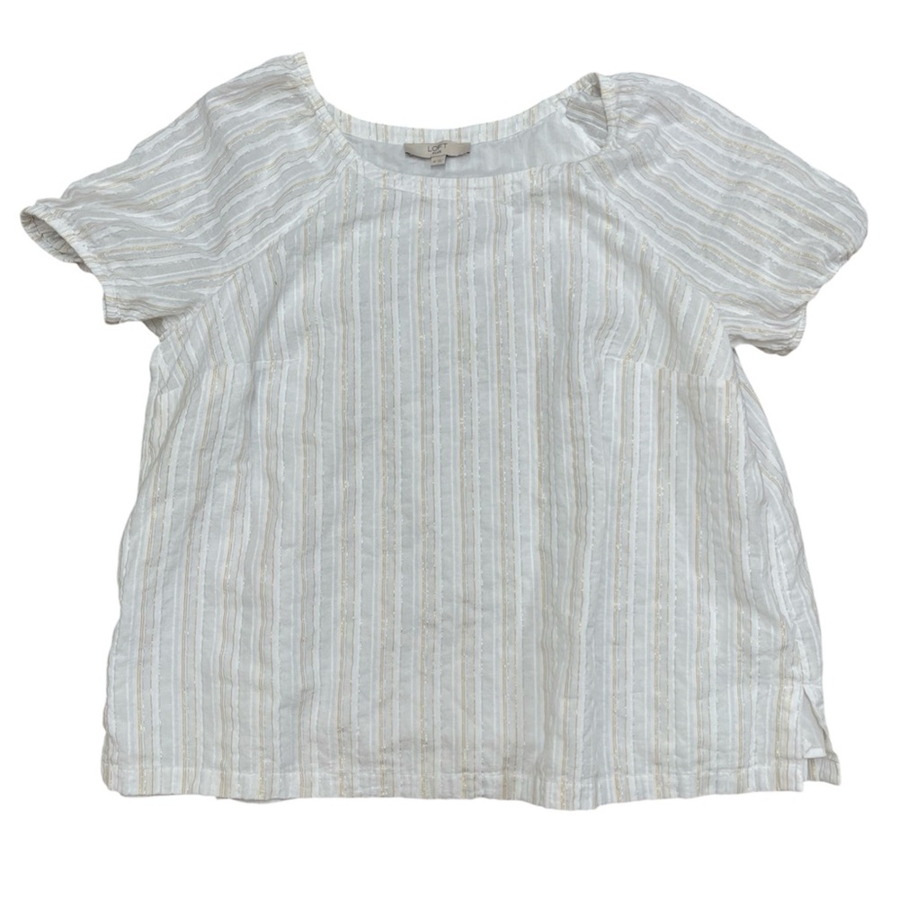 Loft Womens Blouse Sz 18 White Top Silver Gold Stripe Cotton Classic Shimmer